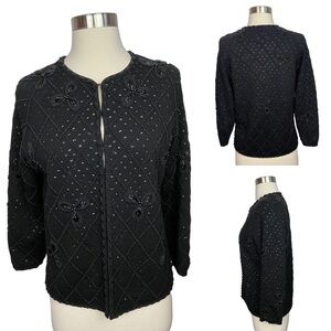 VTG 1950’s Boutique by Miss Ruth 100% Wool Black Beaded Cardigan Sweater Size 10